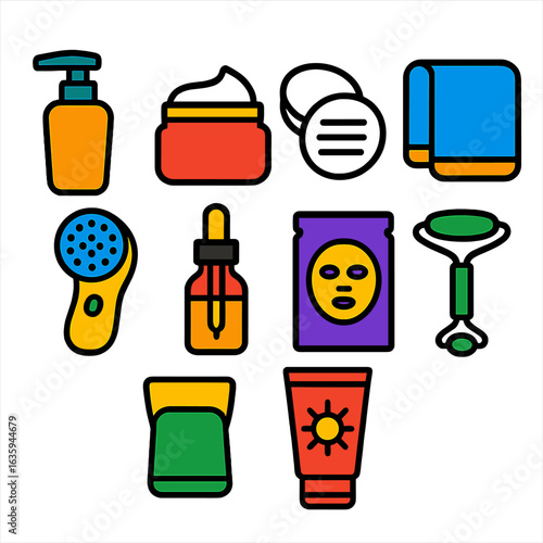 Skincare Essentials Icons. Flat vector icons of skincare tools: facial cleanser, moisturizer jar, cotton pads, face towel,