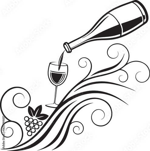 Stylized Wine Pour with Grapes and Decorative Swirls – Black and White Vector Illustration