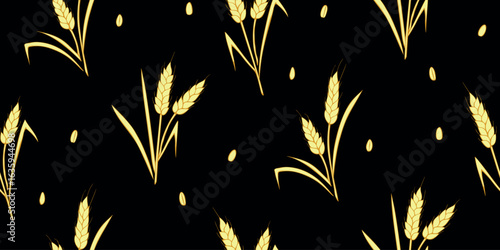 Wheat golden spikelets and grains, vector seamless pattern in flat style, isolated. Design of print, wrapping paper, packaging on theme of bakery products, flour, harvest, thanksgiving