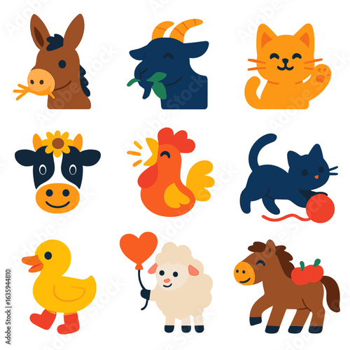 Colorful Farm Animal Icons. Flat vector icons of cute farm and domestic animals: donkey foal with straw, goat chewing leaf, kitten