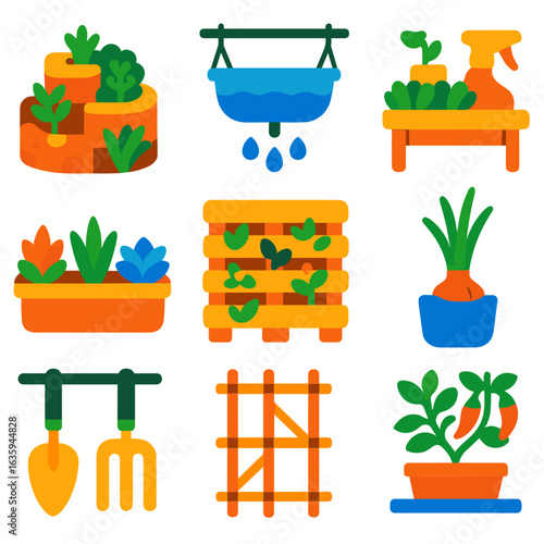 Urban Gardening Icons. Flat vector icons of urban gardening and balcony farming: herb spiral garden, hanging watering system,