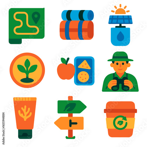 Sustainable Travel Icons. Flat vector icons of sustainable travel and eco tourism: green itinerary planner, reusable picnic