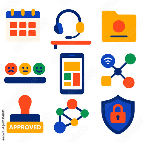 Freelance Work Essentials Icons. Flat vector icons of freelance and remote work essentials: weekly availability calendar, wireless