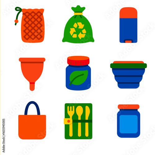 Zero Waste Icons. Flat vector icons of zero waste lifestyle items: soap saver pouch, compostable trash bag, refillable deodorant