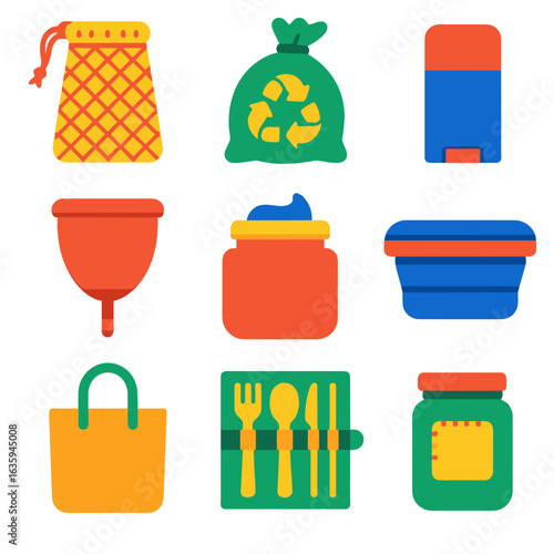 Zero Waste Icons. Flat vector icons of zero waste lifestyle items: soap saver pouch, compostable trash bag, refillable deodorant