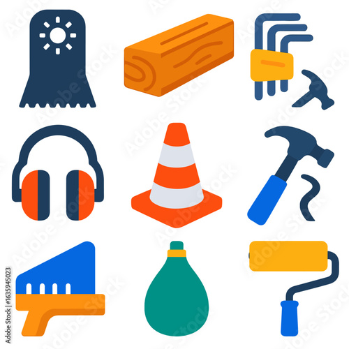 DIY Tools Icons. Flat vector icons of home renovation and DIY tools: multitool blade attachment, wooden beam icon, hex key wrench