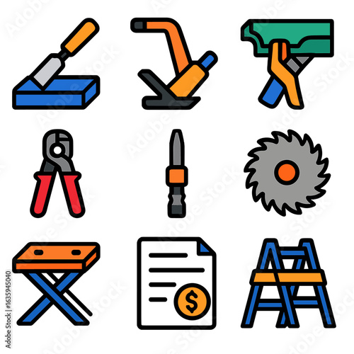 DIY Tool Icons. Flat vector icons of home renovation and DIY tools: chisel sharpening stone, flooring nailer tool, decorative