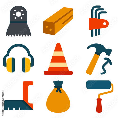 DIY Tools Icons. Flat vector icons of home renovation and DIY tools: multitool blade attachment, wooden beam icon, hex key wrench