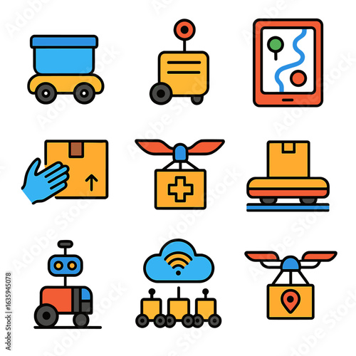 Autonomous Delivery Icons. Flat vector icons of delivery robots and autonomous logistics: autonomous carrier cart, delivery robot