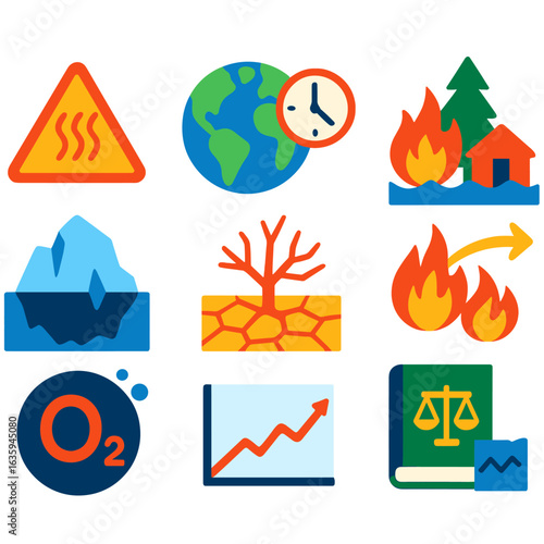 Climate Change Icons. Flat vector icons of climate change and environmental icons: heatwave warning sign, warming planet with