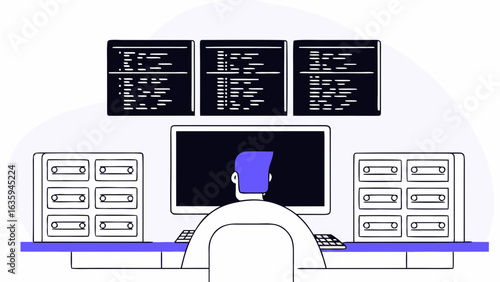 Software engineer working with multiple screens isolated on white background
