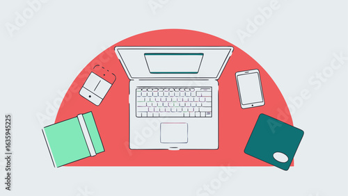 Top view of a laptop, mouse, phone, notebook, and pad on a desk