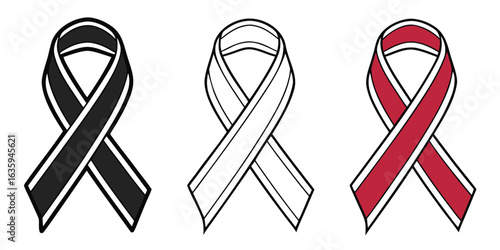 Trio of Awareness Ribbons Supporting Causes With Colors Black White and Red Symbolizing Solidarity Hope and Remembrance for Important Issues
