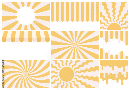 Backgrounds for Ice Cream Day, horizontal banner in retro groovy style with stripes yellow white. Hand drawn striped kiosk awning. Amusement park, circus. Isolated on transparent vector EPS10