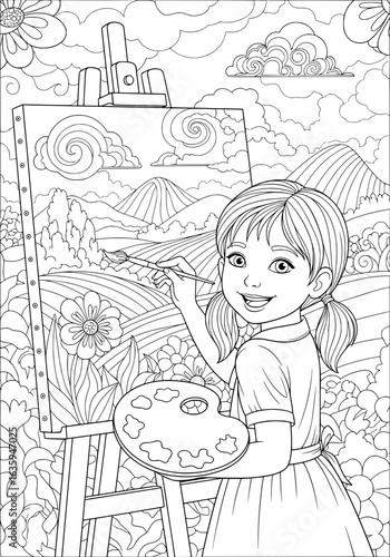 The girl is a painter. coloring book