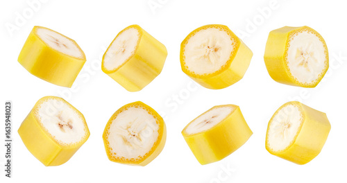 Set of unpeeled banana pieces. Isolated on white
