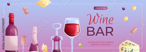 Promo banner design template for a wine bar. Wine glass, bottle, grapes, corkscrew, cheese, wooden barrel. The concept of wine drinks and tastings. Vector illustration for posters, banners, flyers