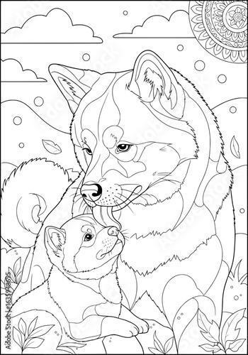 akita dogs. mom and a puppy. coloring book