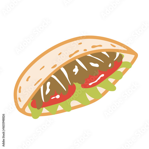 Sandvic Kebab Vector Illustration – Turkish Street Food Sandwich with Vegetables and Meat