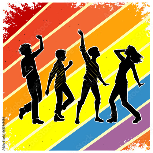 Colourful Silhouettes of People Dancing - Grunge Rainbow Background Vector Illustration