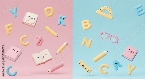 Kawaii Background with Books and Letters. International Literacy Day September 8