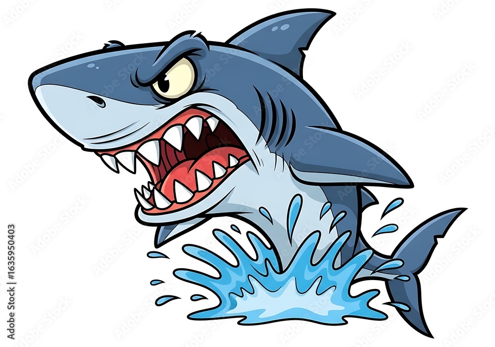 Naklejka premium Cartoon shark with an angry expression jumping out of the water, showing its teeth.