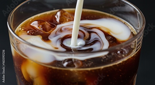 Creamy Nebula: A Hypnotic Swirl of Milk Pouring into Iced Coffee.