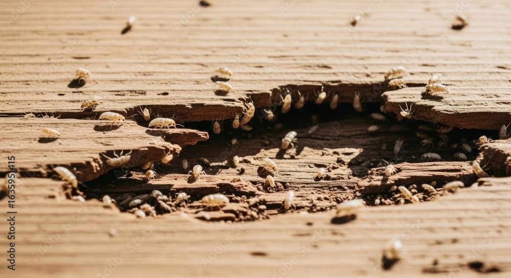 Obraz premium Termites swarming damaged wood, creating splintered texture in bright daylight