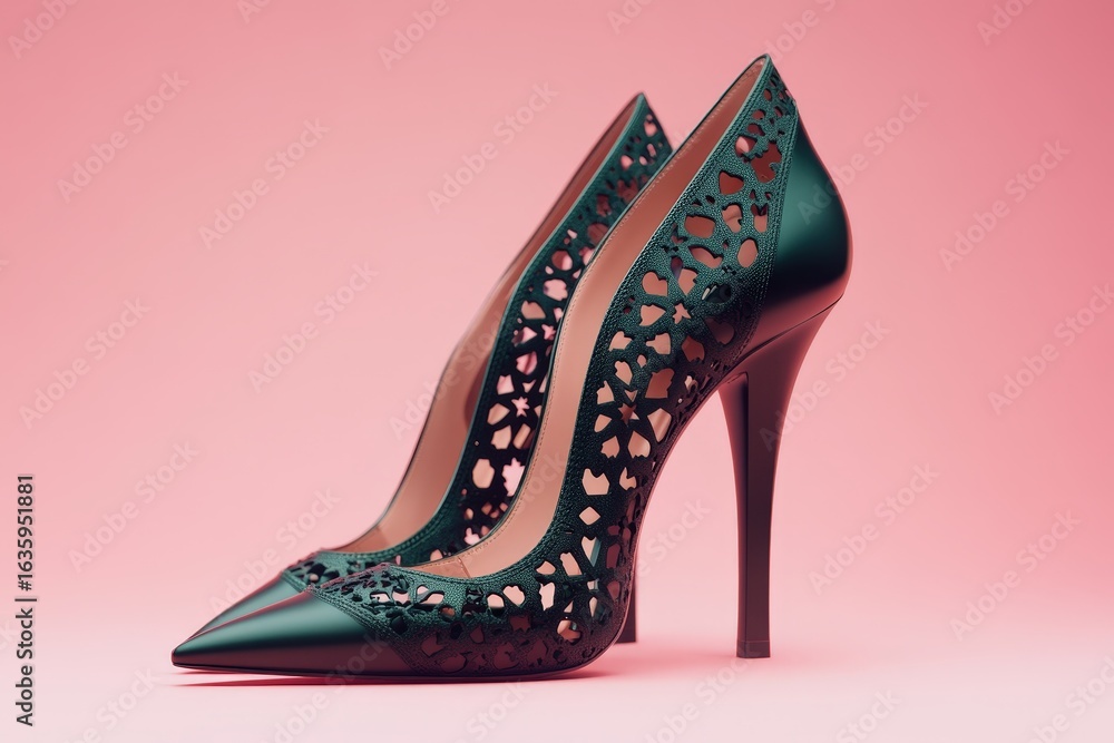 Obraz premium Pair of deep green high heels with intricate cutouts.