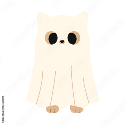 Adorable cat in a ghost costume, with cute eyes peeking through the fabric and small paws showing. Vector baby cat mascot with cozy Halloween vibe, perfect for stickers, cards, and seasonal decor.