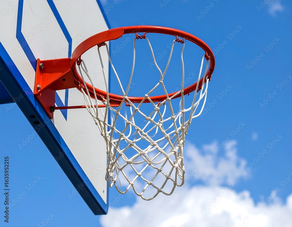 Basketball hoop against a vibrant blue sky
