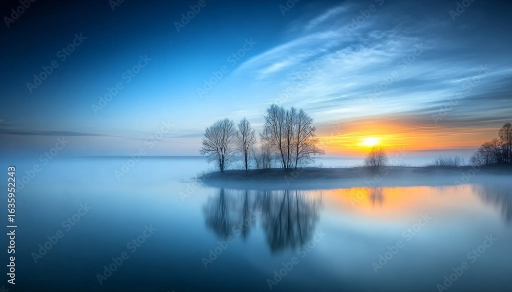 Fototapeta premium Winter Silence on a Misty Lake at Dawn, Serene Reflection of Trees and Sunrise Colors in Water