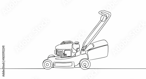 An outline illustration of a lawnmower on a white canvas. 