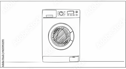 Line art of a washing machine. A minimalistic illustration, featuring a washer isolated against a simple backdrop.