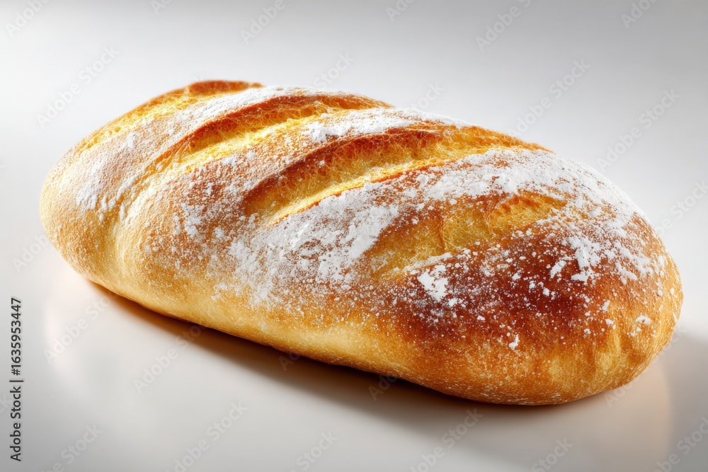 Freshly Baked Loaf of Bread with Crispy Crust and Flour Dusting on a White Background Freshly Baked Loaf of Bread with Crispy Crust and Flour Dusting on a White Background