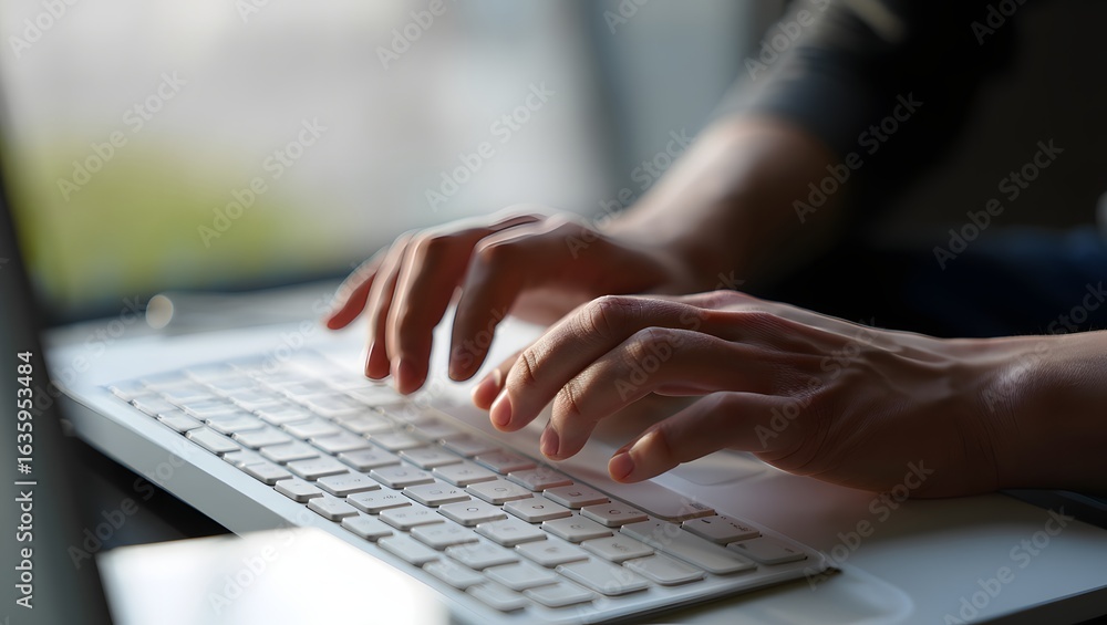 Fototapeta premium Closeup, business woman working on desktop computer. Corporate business woman hand typing on keyboard, searching the information, surfing the internet on office table, remote work, business background