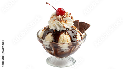 Dessert made of ice cream, chocolate syrup, whipped cream in a glass bowl on a transparent background.