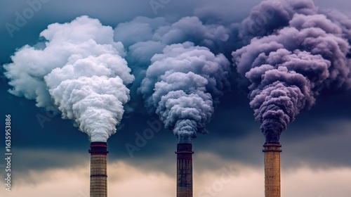 Three tall chimneys billowing colorful smoke against a dark sky
