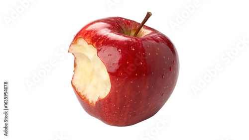 Red apple with bite taken out, showcasing its juicy interior and vibrant skin on a transparent background