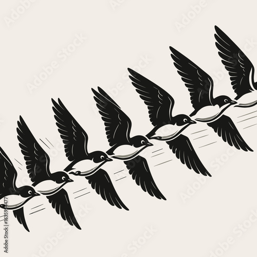 Stylized swallows in flight captured in sequential motion for minimalist graphic design
