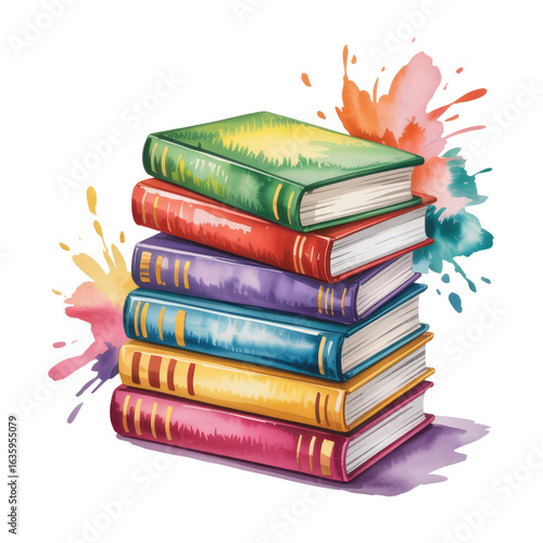 Stack of Colorful Books with Watercolor Splashes - Education, Reading, and Knowledge Concept