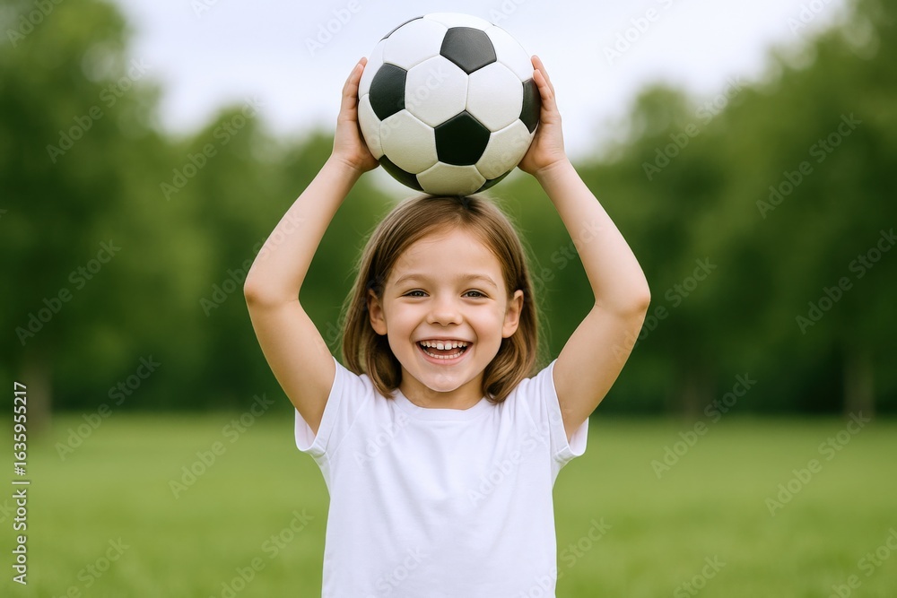 Obraz premium Joyful Girl Holding Soccer Ball Above Head, Standing in Green Field, Smiling Brightly