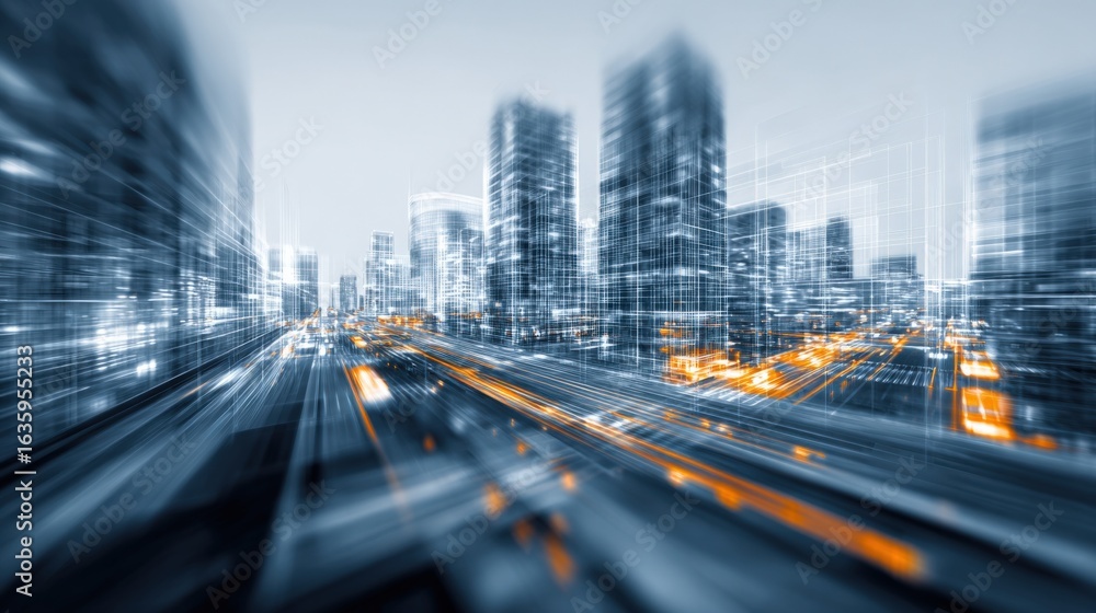 Fototapeta premium Abstract Cityscape with Motion Blur: Modern Urban Development, Futuristic Architecture, and Dynamic Infrastructure