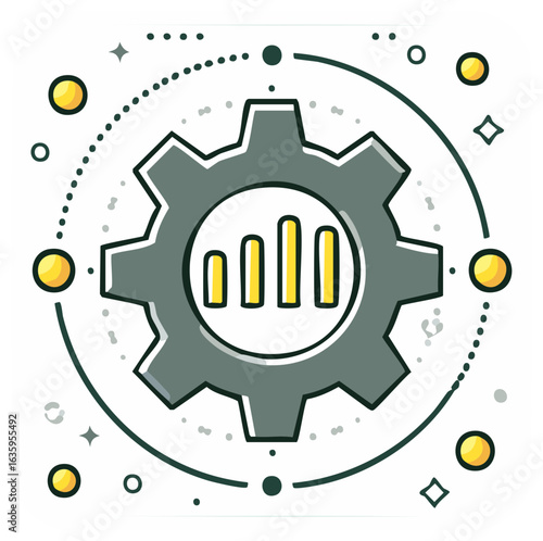 Gear and bar chart illustrating data analysis business process and system optimization