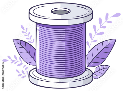 A single spool of lilac thread sits among several lilac leaves and small sprigs with a cartoon style look.