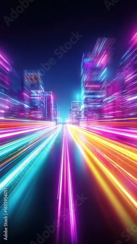 Futuristic Cityscape with Neon Lights and Motion Blur, Capturing the Essence of Modern Urban Life
