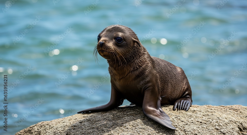 Fototapeta premium Adorable seal pup rests on rock bright sunlight bathes its fur. AI Generated