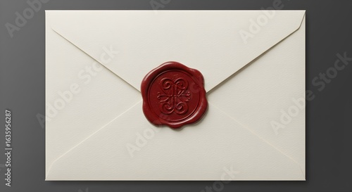 Cream paper envelope with red wax seal presents textured surface; suits mockups, invitations, and stationery designs.