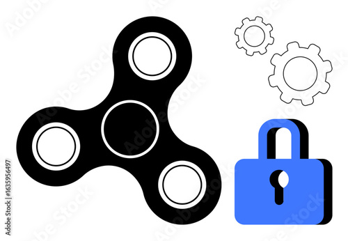 Black fidget spinner, blue padlock, and small gears representing creativity, focus, security, and technology. Ideal for productivity, innovation, mental health education security technology