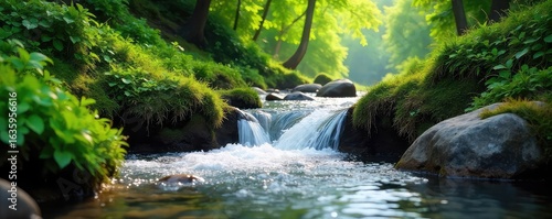 Wallpaper Mural Crystal clear water cascading down a lush green hill, sunlight illuminating the flowing stream Perfect for nature, environment, and travel themes , pure, flowing water, outdoors Torontodigital.ca